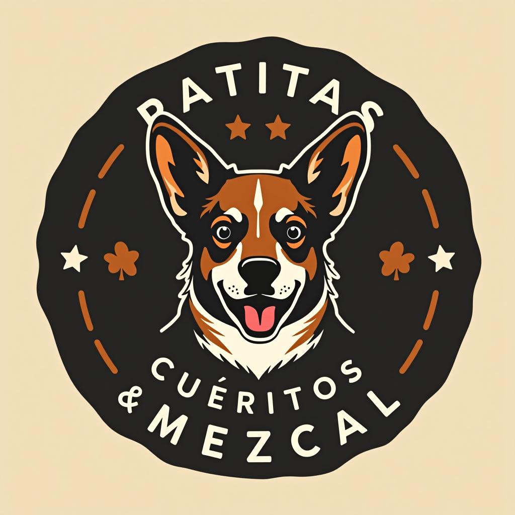  design a logo, en círculo abajo que diga patitas, cueritos & mezcal en el centro un la cabeza de un puerco abstracto sonriente disfrutando y , with the text 'patitas, cueritos $ mezcal'.