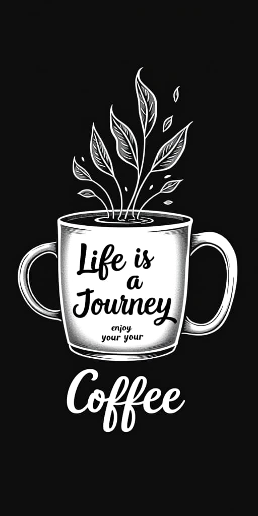  comic illustration of white coffee mug print, life is a journey enjoy your coffee, hand drawn illustration, artwork whole comic design is set on black background.