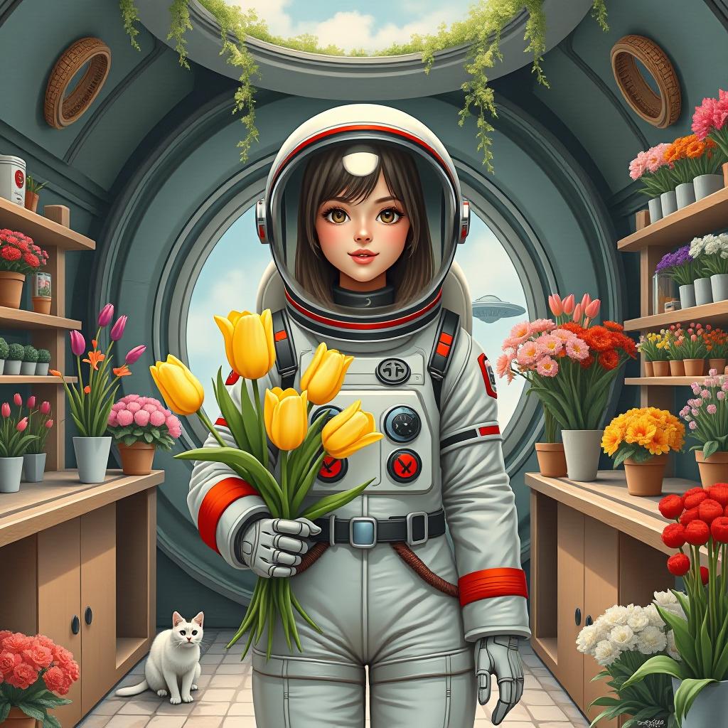  hyperrealistic art masterpiece. painting. (painting watercolor.beautiful girl astronaut in a spacesuit, with an open face, stands at full height, holding in her hand tulips yellow (five pieces:1. 5) on the background of a flower space store round, with portholes, with shelves for pots with different beautiful, numerous flowers, colors of many different shades, and a counter, in the porthole you can see space and a flying saucer, and next to stands android cat, on the walls, around the porthole and on the ceiling, wicker plants like ivy and traedescantia:1.5). high sharpness, high detail, high resolution. style watercolor sergei andriyaki. leaks, stains. . extremely high resolution details, photographic, realism pushed to extreme, fine textu