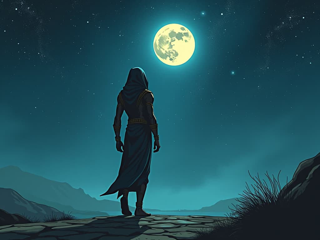  solitary figure in form fitting ancient egyptian wear, strolling beneath the starry sky, full moon overhead, atmosphere of quiet reflection and wonder. the style is digital art illustration / modern comic book / mysterious occult, symbolic, esoteric vibe,high detail on character design, incorporating ancient egyptian symbology and attire.