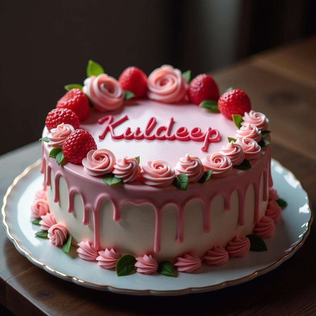  beautiful cake with the written name kuldeep hyperrealistic, full body, detailed clothing, highly detailed, cinematic lighting, stunningly beautiful, intricate, sharp focus, f/1. 8, 85mm, (centered image composition), (professionally color graded), ((bright soft diffused light)), volumetric fog, trending on instagram, trending on tumblr, HDR 4K, 8K