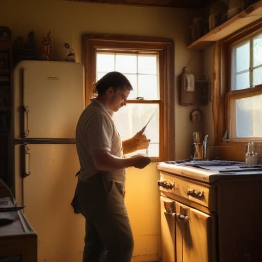 A photo of a skilled technician repairing a vintage refrigerator in an old and rustic kitchen during the late afternoon with warm, golden sunlight filtering through a dusty window onto the tools and equipment, creating a nostalgic and serene atmosphere.