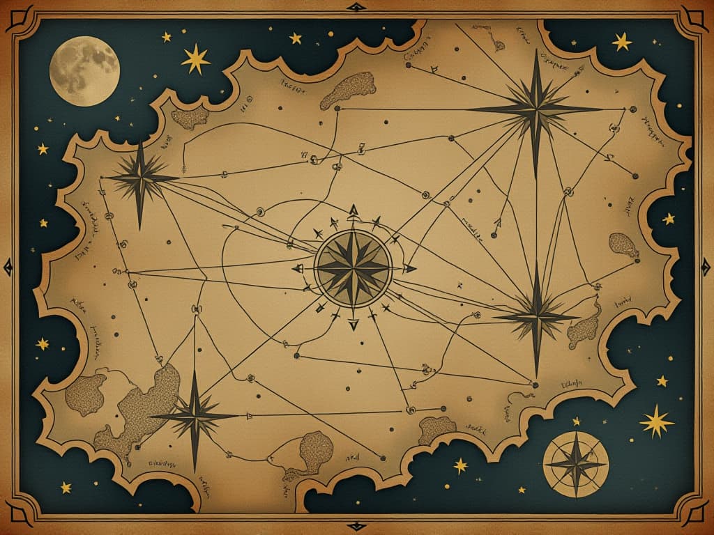  a grand celestial map, dotted with stars, some paths incomplete, sense of plans being drafted and fine tuned, divine adjustments. an illustration in the style of a worn, mystical old tarot trump card, mysterious and elements of surrealism. the colors are muted, somber and eerie, but with contrast bring out an occult and esoteric vibe.