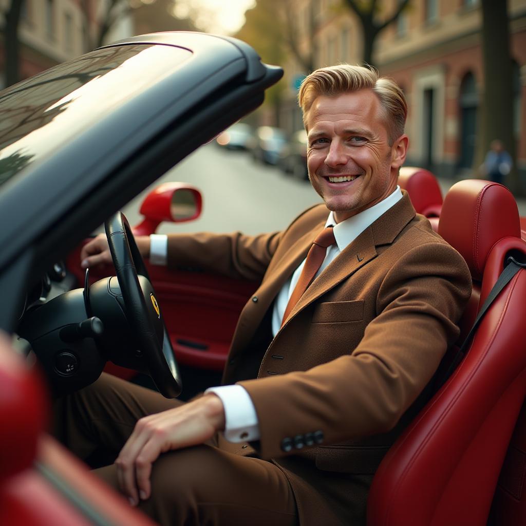  the blonde realtor, neatly groomed in a beautiful brown business jacket and pants with a matching tie, is sitting at the wheel of a red convertible ferrari. inside, he greets me, waves his hand, and smiles. hyperrealistic, full body, detailed clothing, highly detailed, cinematic lighting, stunningly beautiful, intricate, sharp focus, f/1. 8, 85mm, (centered image composition), (professionally color graded), ((bright soft diffused light)), volumetric fog, trending on instagram, trending on tumblr, HDR 4K, 8K