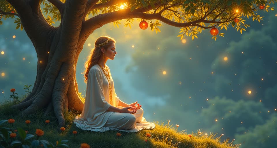  a regal figure in luminous attire meditating under a glowing tree, radiating commitment to personal growth. the style is digital art illustration,highly detailed, whimsical,magical, dreamlike atmosphere, realism and fantasy blend, smooth, glossy textures,luminous quality, wonder and enchantment.