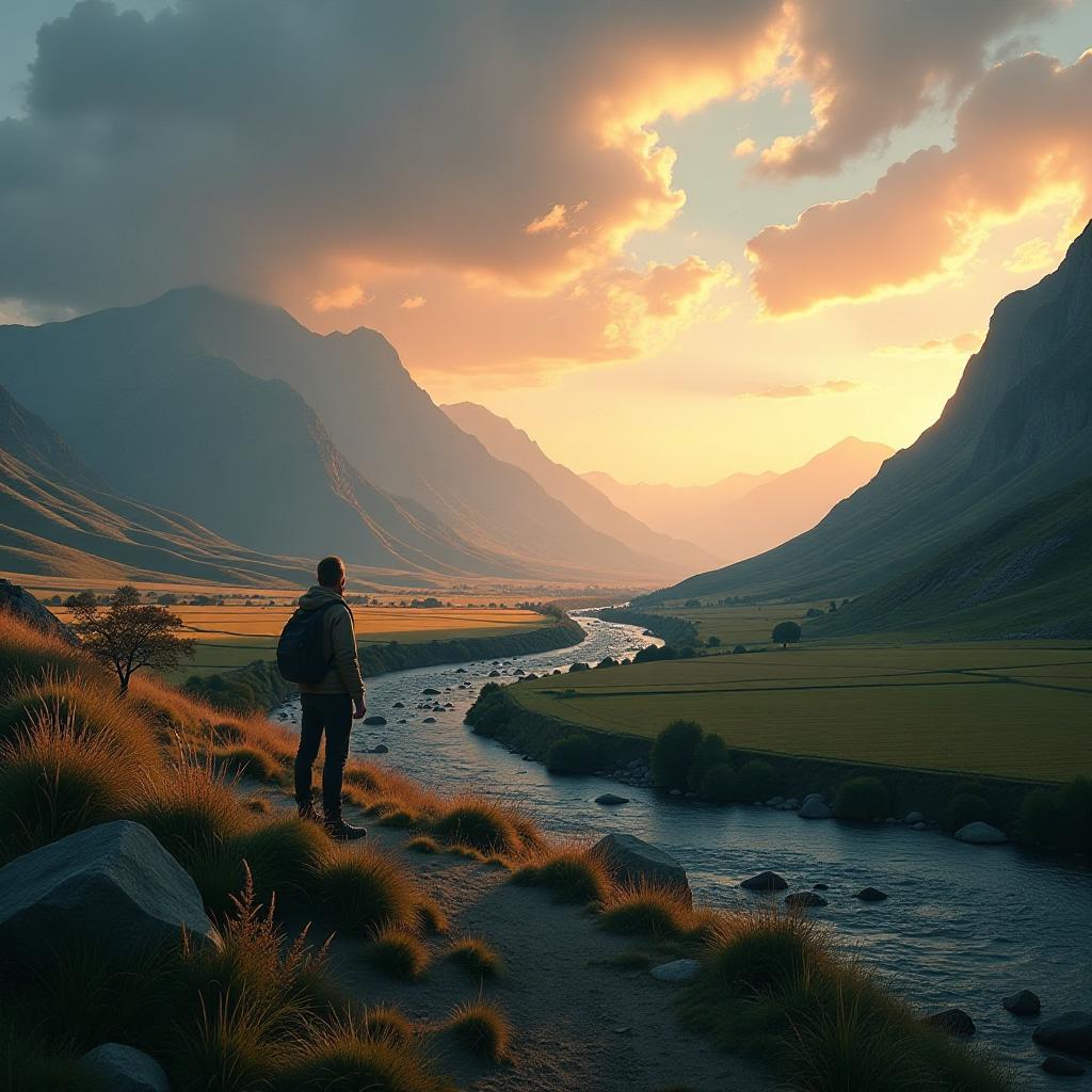  create an image that captures the essence of romanticism, using a low angle perspective to emphasize grandeur and emotional depth. the scene should depict a vast, rolling landscape dotted with majestic mountains in the background, lush fields in the foreground, and a serene river winding through the composition. include a dramatic sky filled with swirling clouds and soft hues of sunset, casting a warm glow over the scene. in the foreground, place a solitary figure, perhaps a traveler or a contemplative artist, gazing towards the horizon, evoking feelings of longing and introspection. the overall atmosphere should convey a sense of wonder and connection to nature, with a harmonious balance of light and shadow that enhances the emotional reso