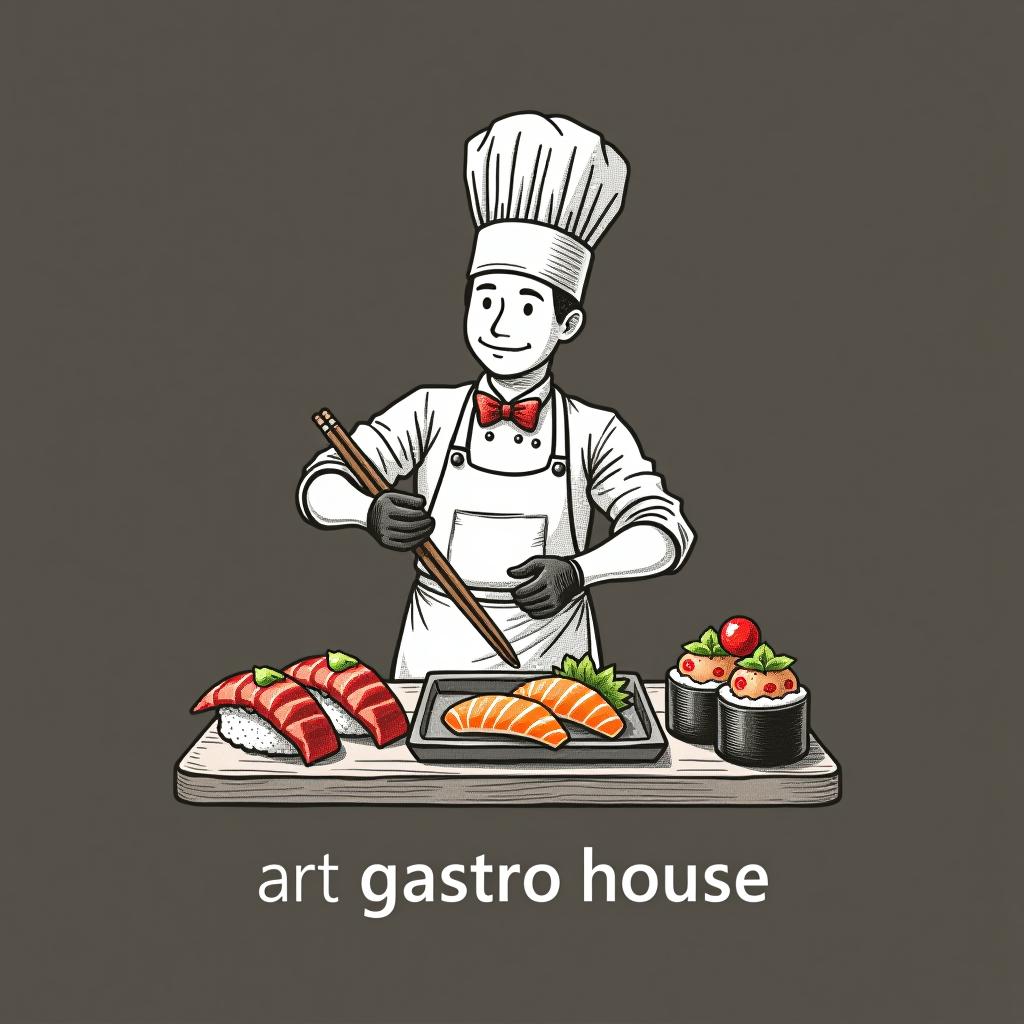  design a logo, in a pencil style. fundo branco silhueta de cozinheiro montando prato de sushi, entregas de comida , with the text 'art gastro house'.