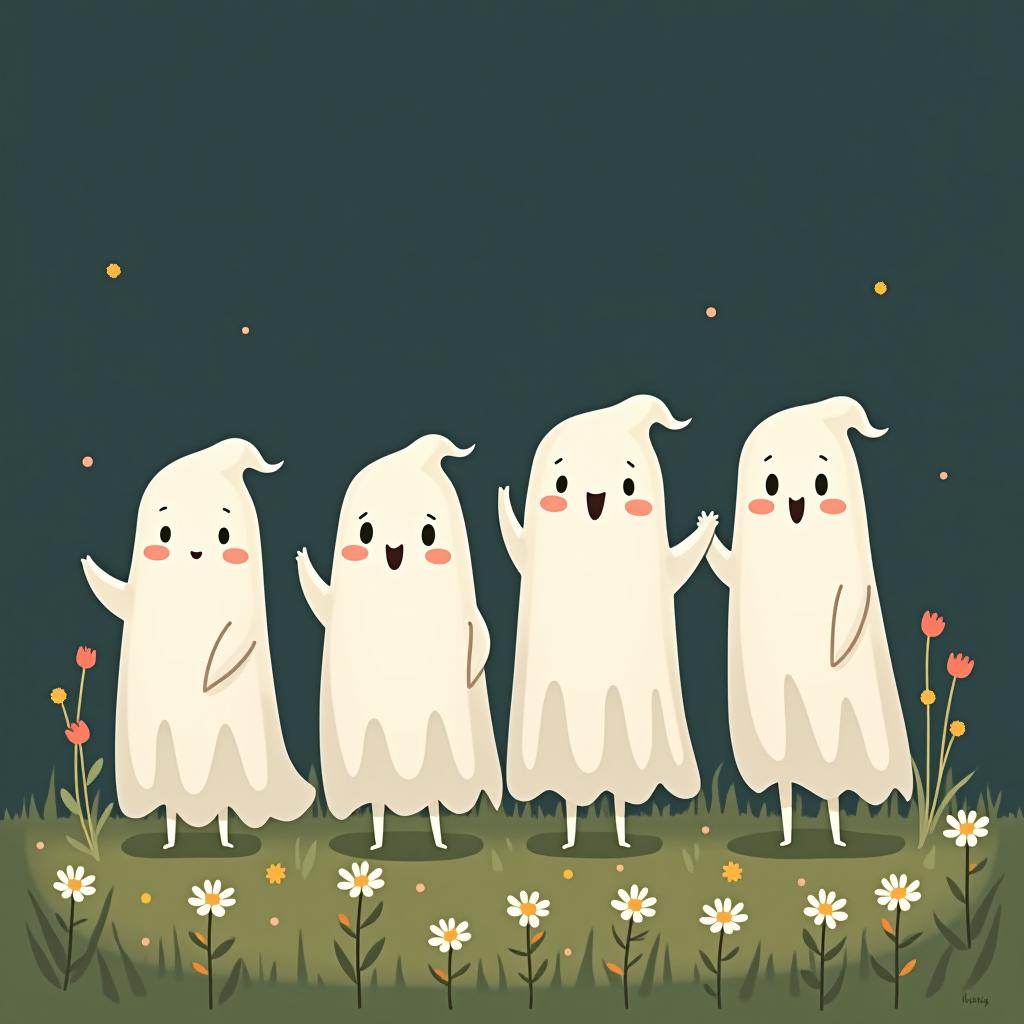  create a digital illustration featuring a row of four or five cute, cartoonish ghost characters, each with a different appearance, standing in different positions within sparse, life like wildflowers.