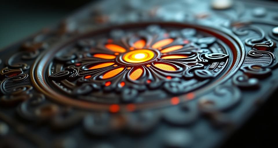  a close up view of intricate patterns carved into an ancient relic, glowing faintly under ethereal light. stirring memories, detailed artistry, ancient significance.. the style is digital art illustration,highly detailed, whimsical,magical, dreamlike atmosphere, realism and fantasy blend, smooth, glossy textures,luminous quality, wonder and enchantment.