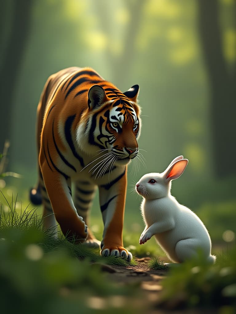  in the forest, the tiger goes with the white rabbit photo realistic, highly intricate and detailed, masterpiece, ultra high res,photography,8k resolution