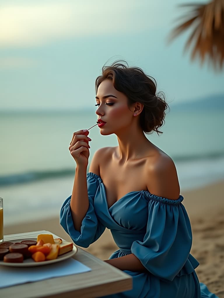  the lady in a blue dress is eating food next to the beach. hyperrealistic, full body, detailed clothing, highly detailed, cinematic lighting, stunningly beautiful, intricate, sharp focus, f/1. 8, 85mm, (centered image composition), (professionally color graded), ((bright soft diffused light)), volumetric fog, trending on instagram, trending on tumblr, HDR 4K, 8K