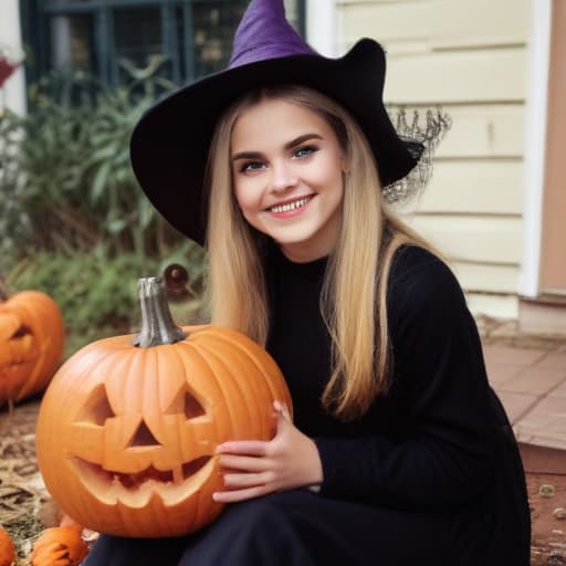 teenage witch sitting pretty on large grinning jack-o-lantern