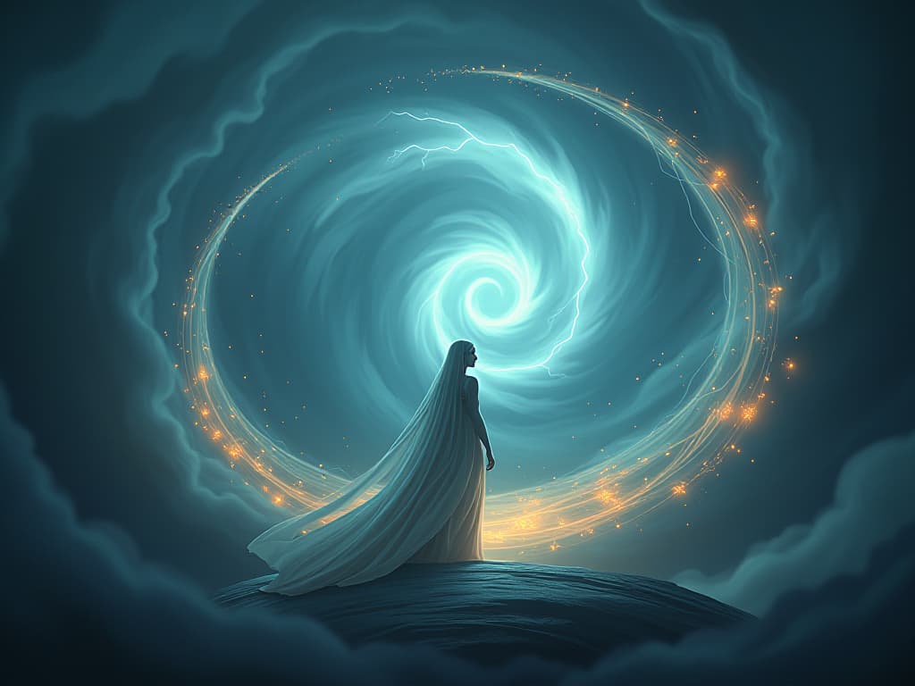  a majestic figure standing serenely in the eye of a swirling, magical storm. ethereal winds carrying glowing, floral particles twist and churn around them. the backdrop is a dark, stormy sky with flashes of bright lightning illuminating the scene, creating a powerful and serene contrast.. the style is digital art illustration,highly detailed, whimsical,magical, dreamlike atmosphere, realism and fantasy blend, smooth, glossy textures,luminous quality, wonder and enchantment.