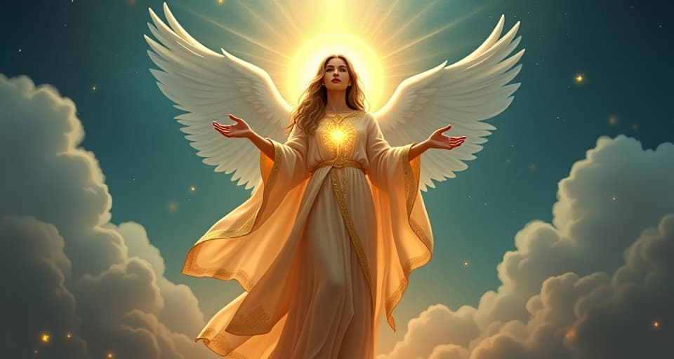  ethereal figure, glowing robe, divine symbols, standing under celestial event, testament to divine presence.. the style is digital art illustration,highly detailed, whimsical,magical, dreamlike atmosphere, realism and fantasy blend, smooth, glossy textures,luminous quality, wonder and enchantment.