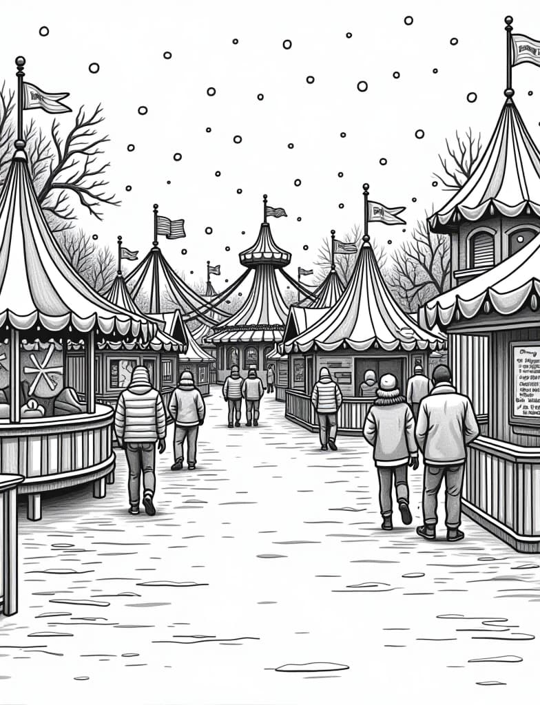  this is for an adult coloring page. a detailed black and white line art of a snowy winter carnival with people enjoying rides and games in the snow on a solid white background.