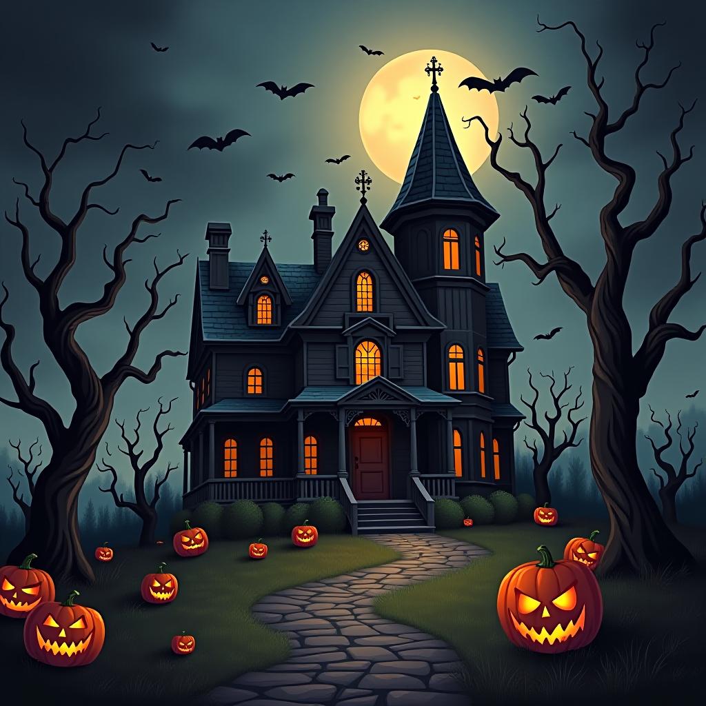  create a seamless digital painting of a spooky, halloween themed scene featuring a haunted house with gothic architecture. the house should be surrounded by twisted, gnarled trees and a multitude of jack o' lanterns. the scene should include a dark, cloudy sky to enhance the eerie atmosphere. the overall style should be detailed and atmospheric, capturing the essence of a haunted, creepy environment perfect for halloween, ensuring the design is seamless for use in repeating patterns or wraps.