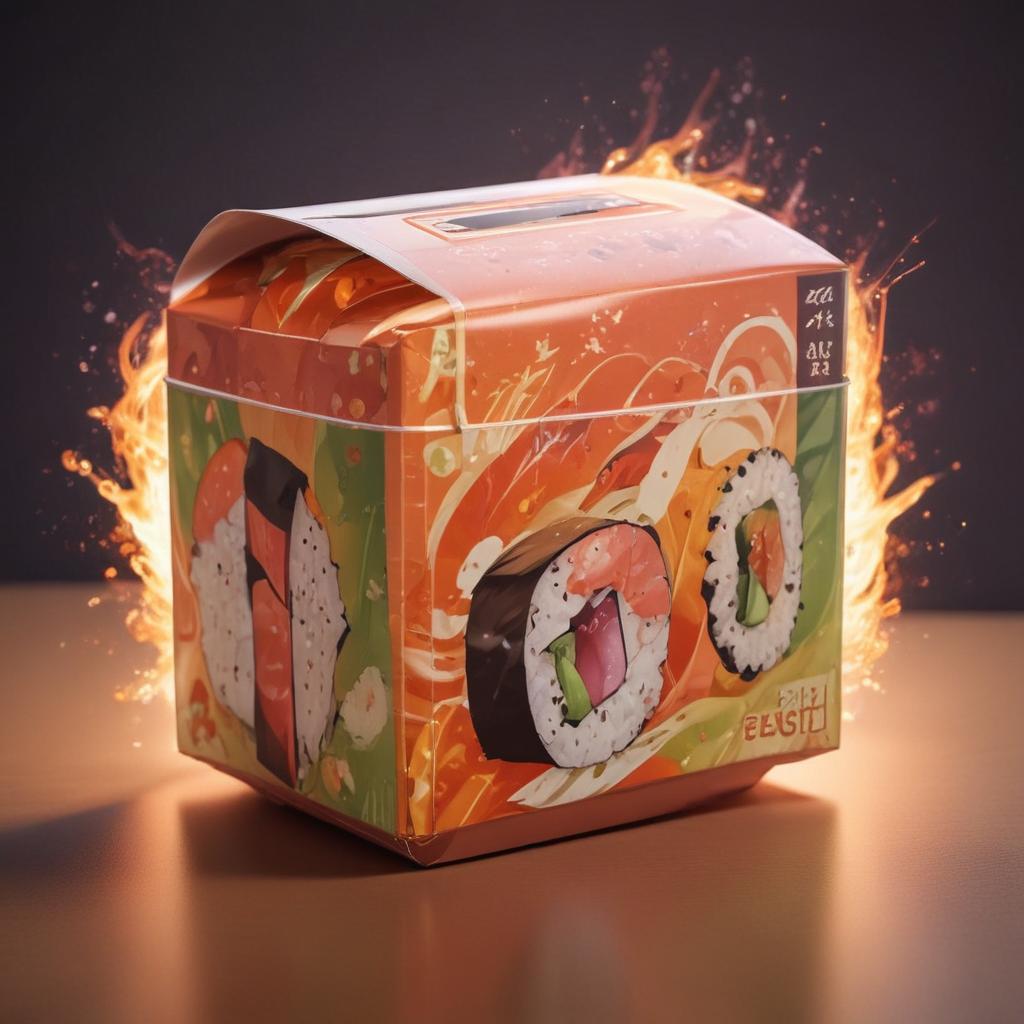 distance-shot, flashy, full-body, dynamic, holographic, animated cartoon poster of a take-out box of sushi in the style of dragon ball super