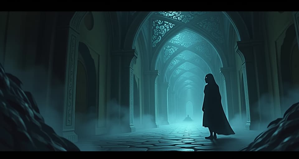  a shadowy, ethereal figure lurking at the periphery of a mystical hall, watching with glowing eyes, while intricate patterns on the walls faintly shimmer. lurking presence, glowing vigilance, mystical environment.. the style is digital art illustration,highly detailed, whimsical,magical, dreamlike atmosphere, realism and fantasy blend, smooth, glossy textures,luminous quality, wonder and enchantment.