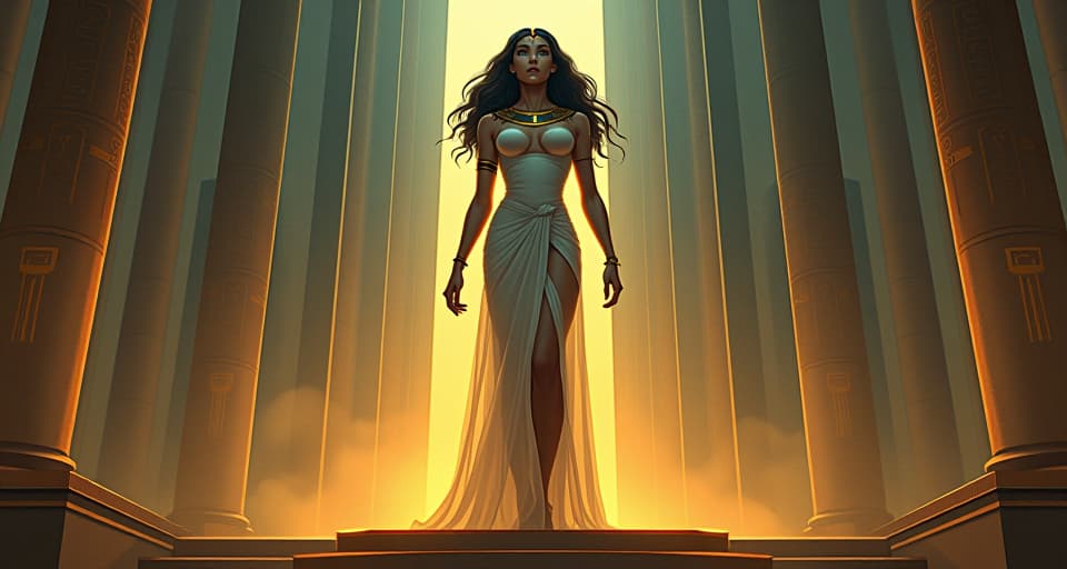  a goddess like figure, large bust, in a tight, sheer temple dress, standing on a temple platform, agitators at the base, gap symbolizing ascension. the style is digital art illustration / modern comic book / mysterious occult, symbolic, esoteric vibe,high detail on character design, incorporating ancient egyptian symbology and attire.