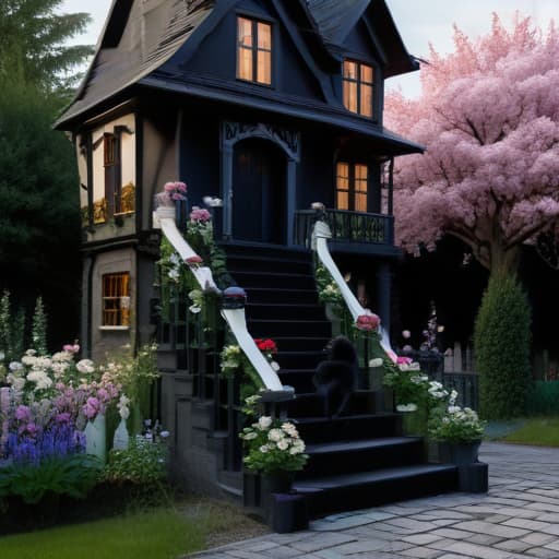 Black cat is standing on a staircase in a garden with flowers and a house