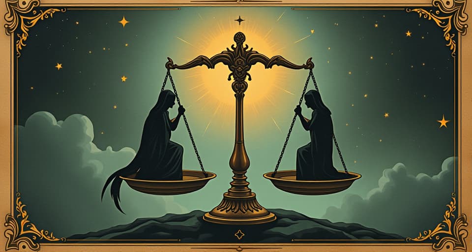  an ethereal balance scale tipping, celestial beings adjusting the weights, cosmic background, sense of divine order being restored, harmonious, consequential. an illustration in the style of a worn, mystical old tarot trump card, mysterious and elements of surrealism. the colors are muted, somber and eerie, but with contrast bring out an occult and esoteric vibe.