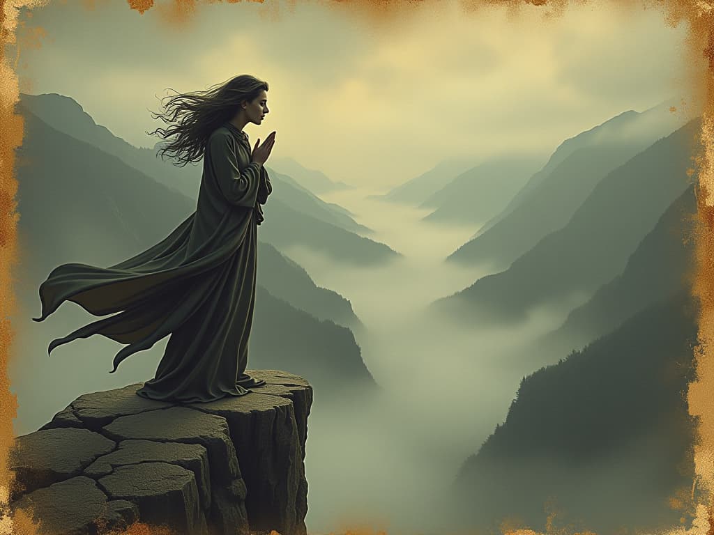  person standing on a cliff edge, overlooking a misty valley, hands cupped around mouth as if speaking to the world, windswept hair, clothes fluttering. an illustration in the style of a worn, mystical old tarot trump card, mysterious and elements of surrealism. the colors are muted, somber and eerie, but with contrast bring out an occult and esoteric vibe.