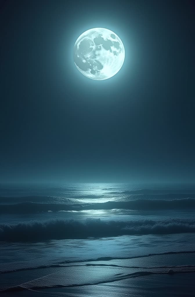  the full moon hangs high above the ocean, with its silver white light piercing through thin clouds and scattering across the shimmering sea. the night is tranquil, and the gentle waves softly lap against the shore, bringing a soothing rhythm and a serene atmosphere. the horizon glows faintly, creating an ethereal and mysterious ambiance, realistic, portrait, art by donato giancola and greg rutkowski, realistic face, digital art, trending on artstation hyperrealistic, full body, detailed clothing, highly detailed, cinematic lighting, stunningly beautiful, intricate, sharp focus, f/1. 8, 85mm, (centered image composition), (professionally color graded), ((bright soft diffused light)), volumetric fog, trending on instagram, trending on tumblr, HDR 4K, 8K