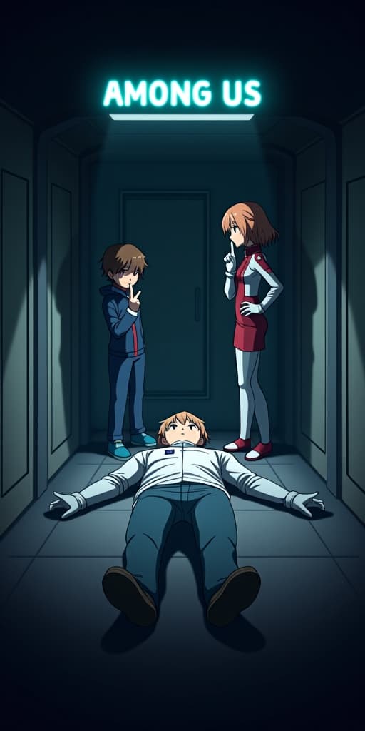  good quality, high quality, among us game in anime, showing the dead body of 'pranav ajay,' with the name displayed in the game’s font above. a boy character named 'sukuna' is holding a finger to his lips, signaling silence, while a girl character named 'roro' stands close by, both in the typical among us spacesuit style. the scene is set in a dimly lit corridor of the spaceship, with shadows adding a mysterious atmosphere.