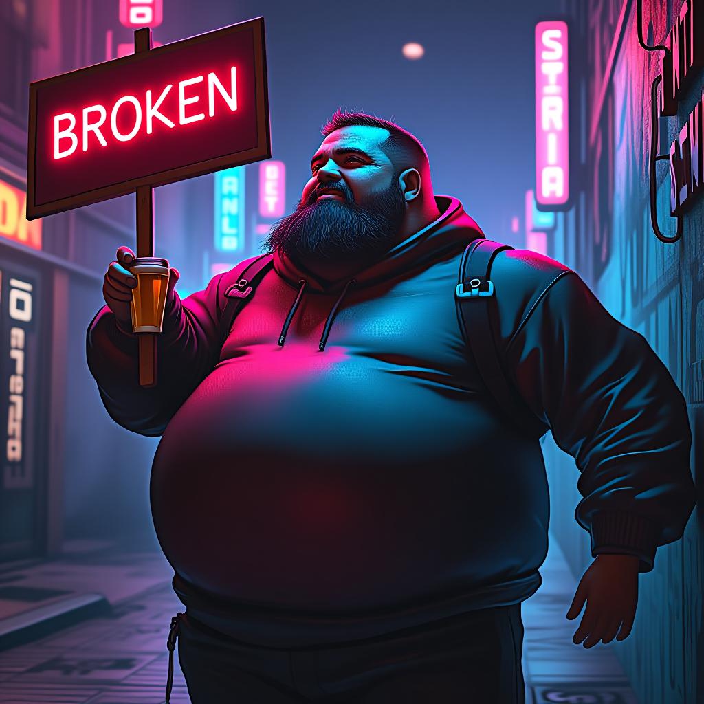  cyberpunk game style a fat man with a beer in his right hand and a sign in his left that says broken . neon, dystopian, futuristic, digital, vibrant, detailed, high contrast, reminiscent of cyberpunk genre video games