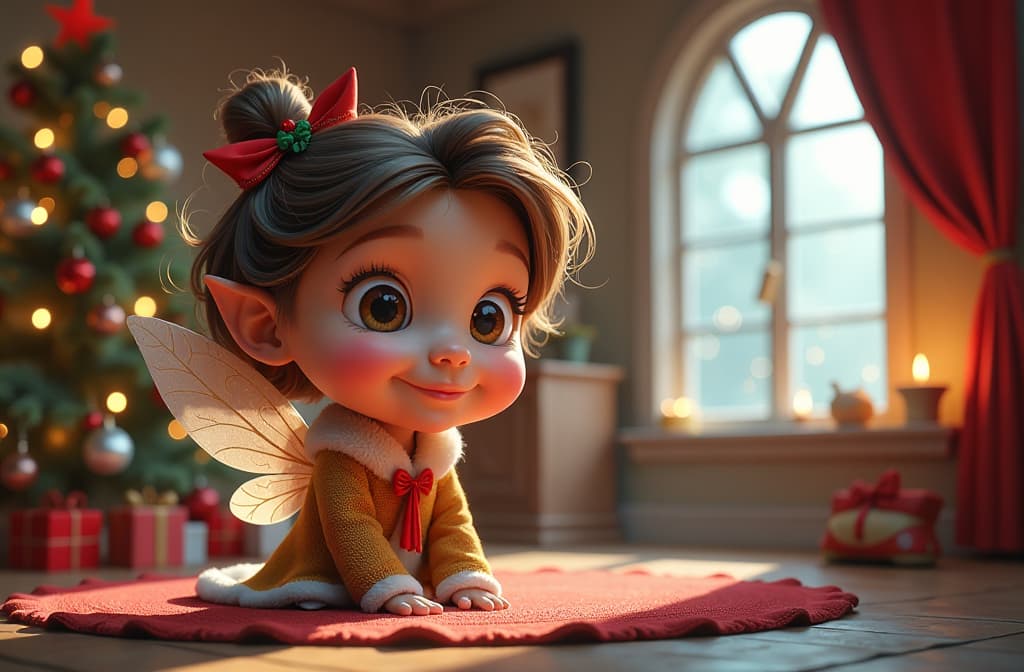  big head, big eyes, caricature, a caricature, rendering, (figurativism:0.8), fairies in a magic house celebrate christmas ar 3:2, epic realistic, pixar style, disney, (cycles render:1.3), caustics, (glossy:0.58), (artstation:0.2), cute