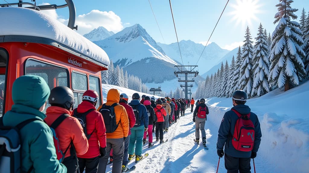  create an ultra realistic image capturing the bustling scene at a ski lift in whistler after a fresh snowfall. show a long line of excited skiers eagerly waiting their turn, their eyes shining with anticipation. include details like colorful ski gear, brand logos of popular ski equipment, and the whistler logo prominently displayed. show the majestic peaks of whistler in the background, with snow covered trees glistening in the sunlight. include staff members ensuring the smooth operation of the