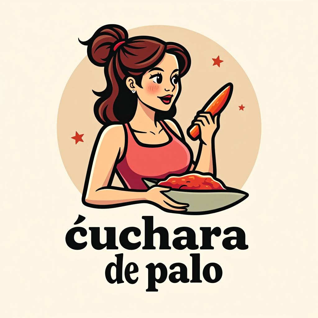  design a logo, una mujer moviendo con una cuchara de palo una olla con comida , with the text 'cuchara de palo'.