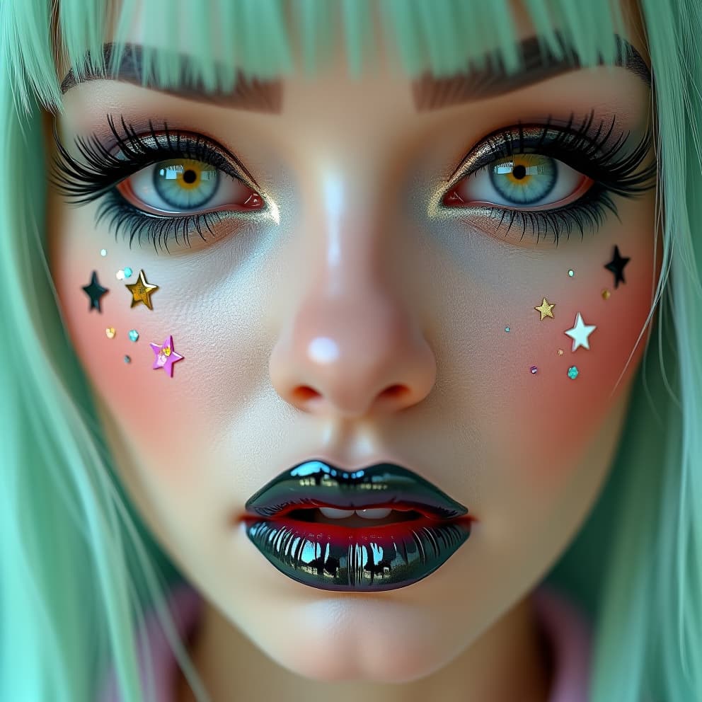  close up of an androgynous pastel goth punk woman with big eyelashes, star shaped glitter and stickers on her face, glossy punk lipstick. in the style of kawaii aesthetic, hyper realistic portraits in light cyan and green, cute cartoonish designs, barbiecore, hyper detailed illustration, shiny/glossy. fear and loathing.hyper detail, intricate details, sharp focus, high resolution, 8k, ultra detailed, vib