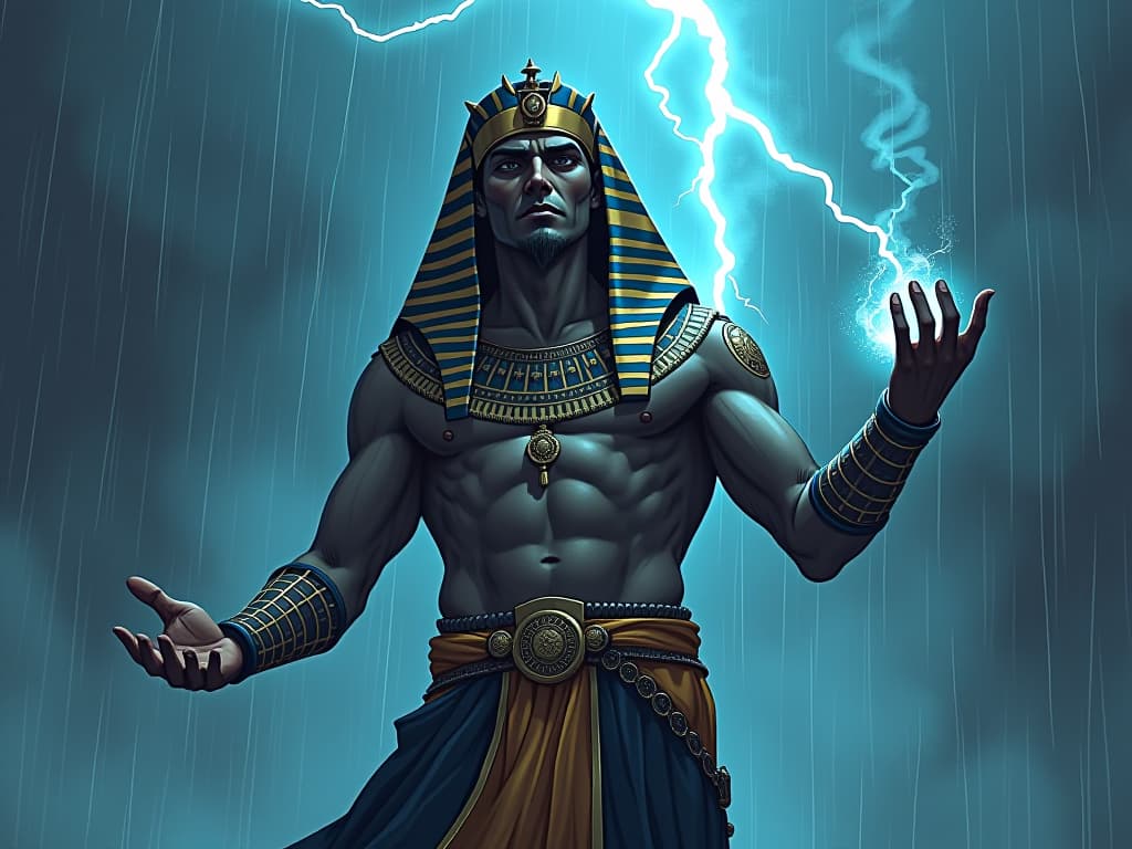  tlaloc, with a focused expression, summoning and commanding rain, lightning in the clouds, aura of intentional power. the style is digital art illustration / modern comic book / mysterious occult, symbolic, esoteric vibe,high detail on character design, incorporating ancient egyptian symbology and attire.