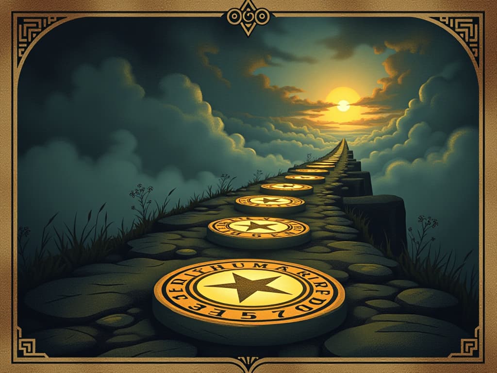  a winding path of celestial stepping stones, each stone glowing and inscribed with runes, path leading to a distant, radiant destination, ethereal light, mystical journey. an illustration in the style of a worn, mystical old tarot trump card, mysterious and elements of surrealism. the colors are muted, somber and eerie, but with contrast bring out an occult and esoteric vibe.