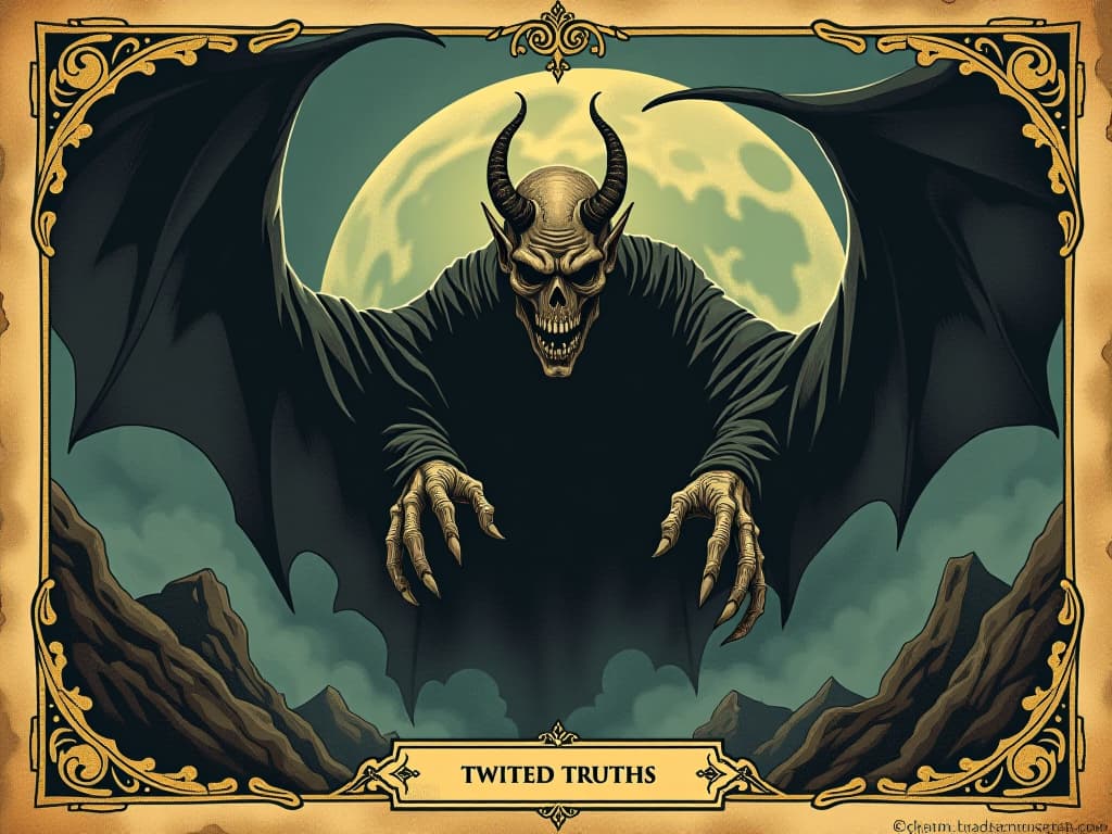  a monstrous figure emerging from exaggerated shadows, unfamiliar and terrifying, sense of twisted truths, grotesque transformation. an illustration in the style of a worn, mystical old tarot trump card, mysterious and elements of surrealism. the colors are muted, somber and eerie, but with contrast bring out an occult and esoteric vibe.