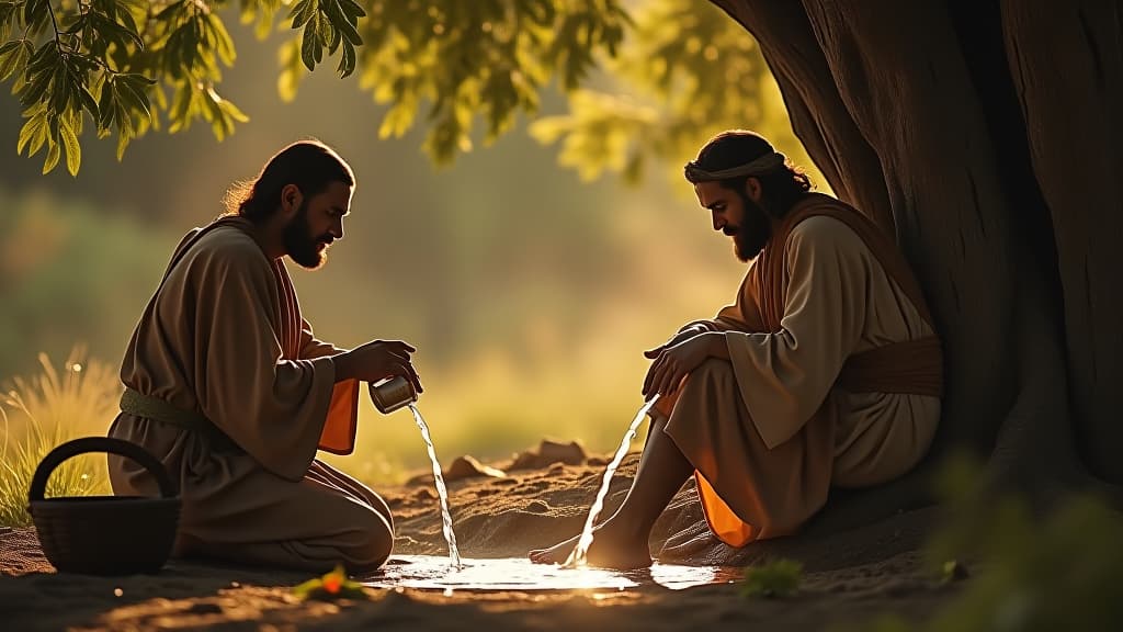  history of biblical times, a rustic scene of water being poured and feet being washed under a tree, symbolizing hospitality. hyperrealistic, full body, detailed clothing, highly detailed, cinematic lighting, stunningly beautiful, intricate, sharp focus, f/1. 8, 85mm, (centered image composition), (professionally color graded), ((bright soft diffused light)), volumetric fog, trending on instagram, trending on tumblr, HDR 4K, 8K