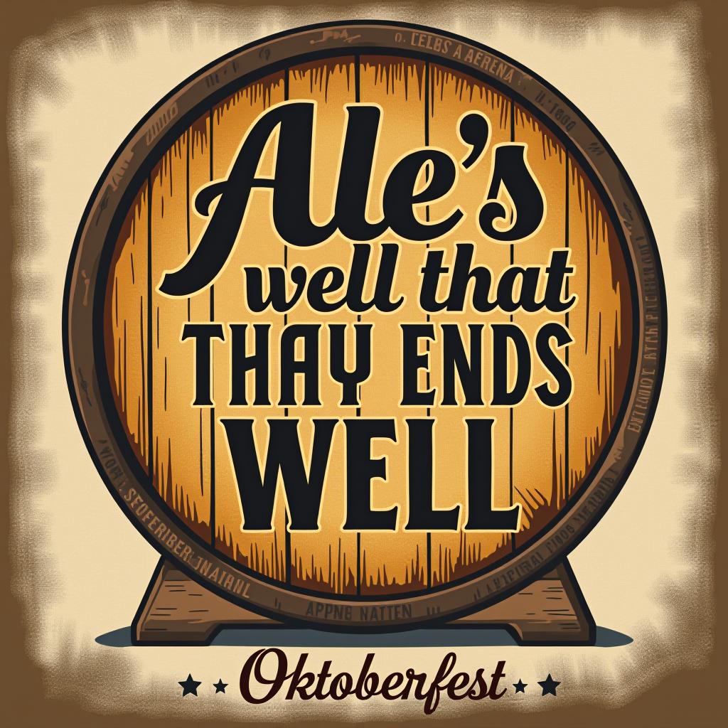  vintage style design with 'ale's well that ends well.' old fashioned beer barrel and rustic texture. place the word oktoberfest at the bottom of the image