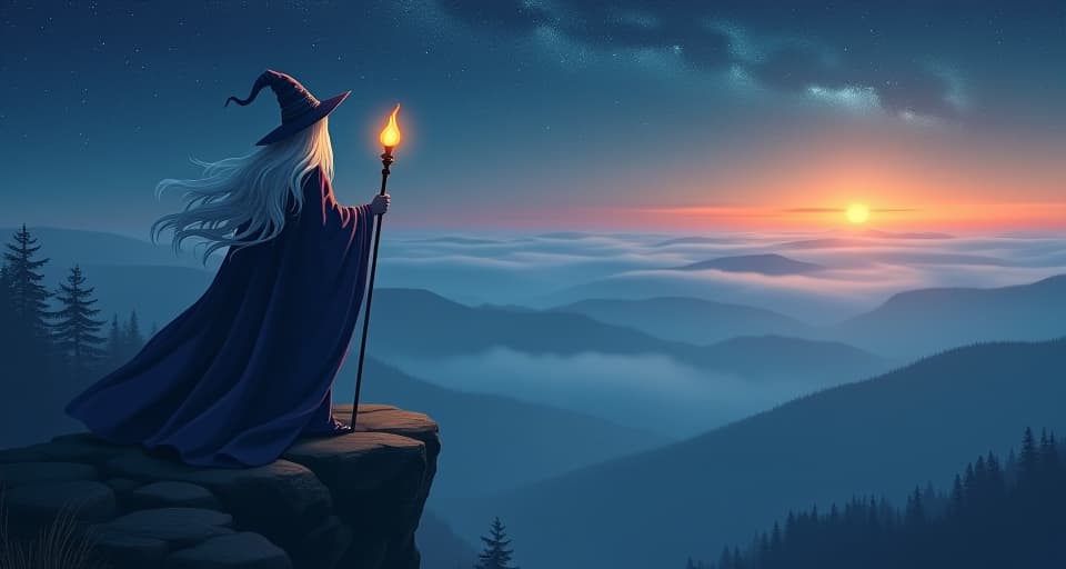  tall, wise wizard with a glowing staff, standing atop a cliff overlooking a vast, enchanted forest. his long, silver hair flows in the wind, as starry night transitions to an ethereal dawn. tranquil, mystical atmosphere.. the style is digital art illustration,highly detailed, whimsical,magical, dreamlike atmosphere, realism and fantasy blend, smooth, glossy textures,luminous quality, wonder and enchantment.