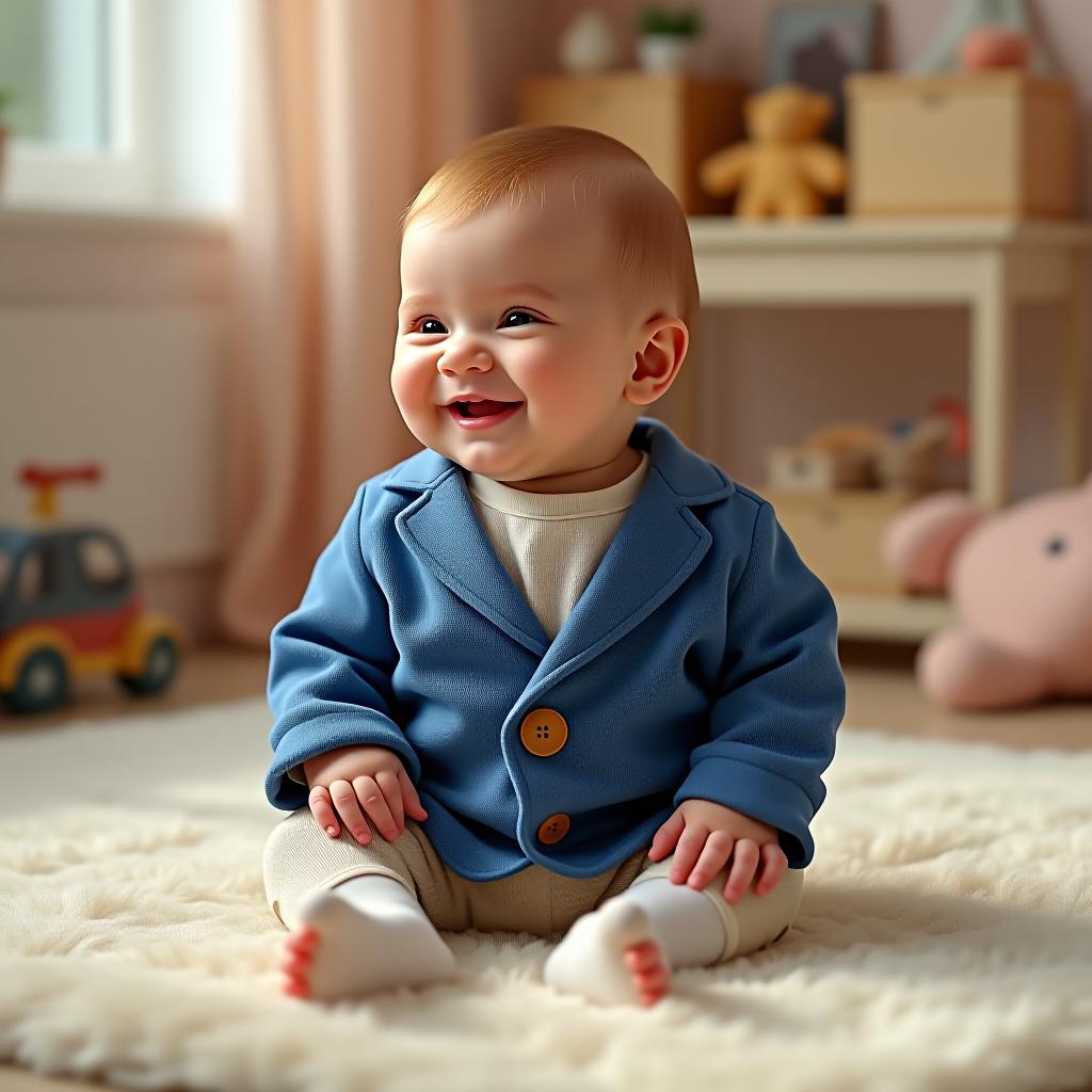  create a full body image of a baby wearing a cashmere blazer, with the blazer in a rich rgb(0, 112, 204) blue color. the scene should be a well lit, cozy nursery with soft pastel colored walls and toys scattered around. the baby should be in a relaxed, seated pose on a plush, cream colored rug, smiling and looking slightly to the side.