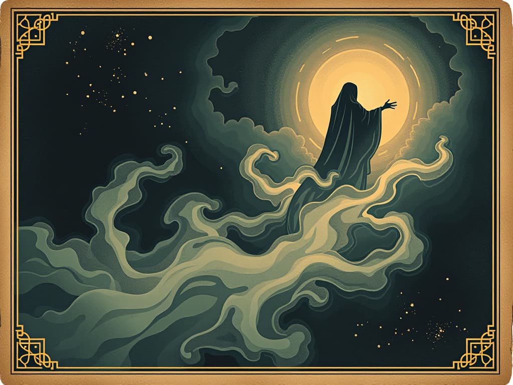  nebulous force, whispering tendrils, cosmic background, ghostly apparitions, secrets, mystical aura. an illustration in the style of a worn, mystical old tarot trump card, mysterious and elements of surrealism. the colors are muted, somber and eerie, but with contrast bring out an occult and esoteric vibe.