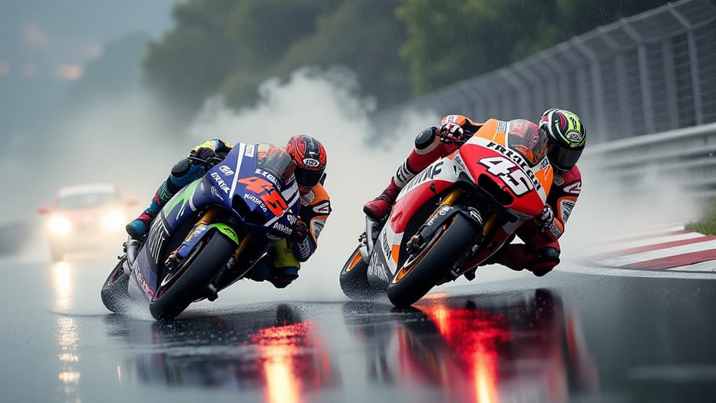  prompt: create an ultra realistic image of the san marino grand prix at the misano circuit capturing the thrilling duel between marc marquez and francesco bagnaia. show marquez's risky driving and bagnaia's consistent performance in a dramatic, light filled composition. include visual elements symbolizing risk taking, strategy, racing tactics, and the scent of rain. incorporate brand logos of the drivers and the event, showcasing the intensity and ambition of bagnaia as he longs for victory. dis