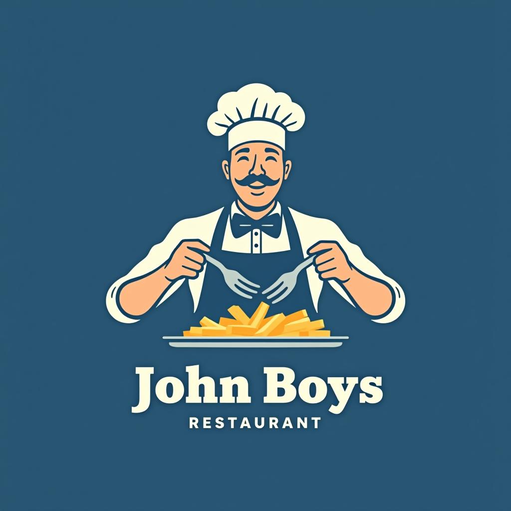  a guy. cooking and deep fryer, john boys restaurant, (logo), professional, trustworthy, bold, clean lines, sans serif font, blue tones, simple shapes, reliable, structured