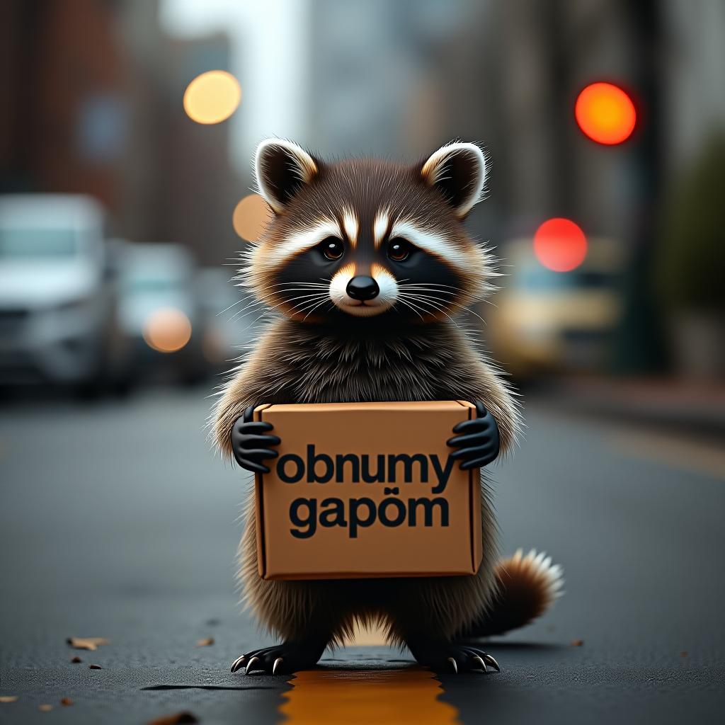  a cute little fluffy raccoon stands in the middle of the street, holding a cardboard box in front of him, the inscription "obnumy gapom" on the cardboard ((charcoal)) in large letters hyperrealistic, full body, detailed clothing, highly detailed, cinematic lighting, stunningly beautiful, intricate, sharp focus, f/1. 8, 85mm, (centered image composition), (professionally color graded), ((bright soft diffused light)), volumetric fog, trending on instagram, trending on tumblr, HDR 4K, 8K