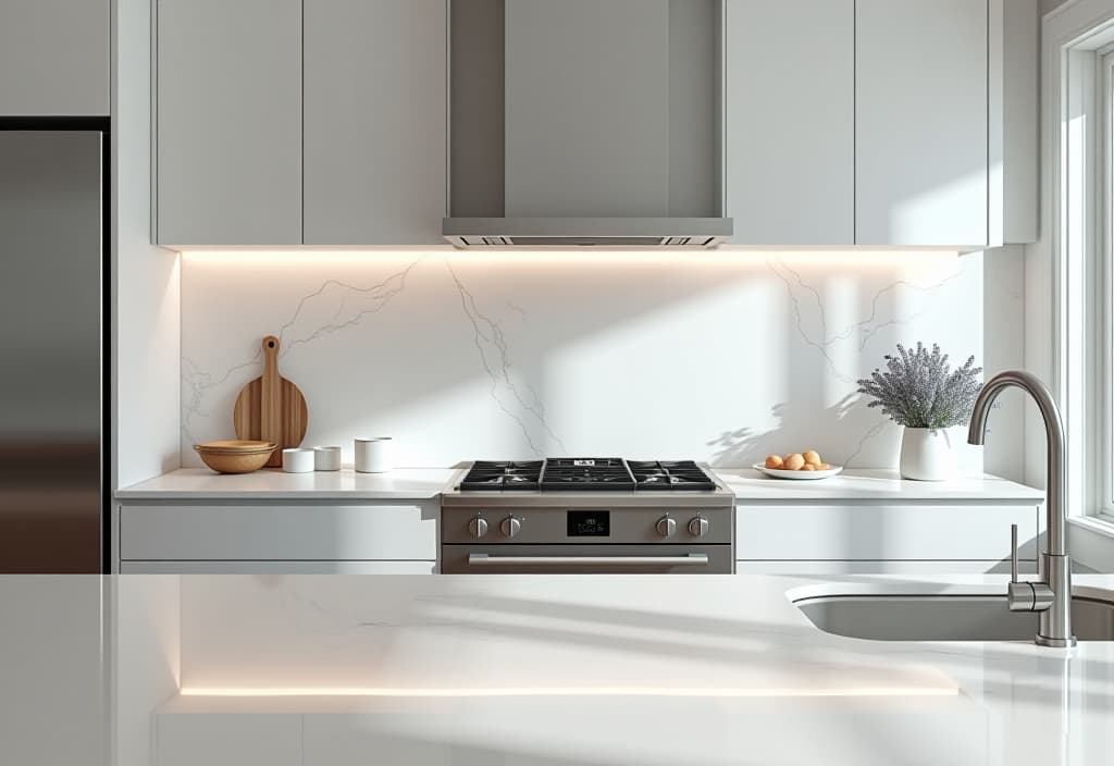  a landscape photo of a close up view of a stunning white marble backsplash with subtle gray veining, contrasting against gleaming white cabinets and stainless steel appliances in a modern kitchen hyperrealistic, full body, detailed clothing, highly detailed, cinematic lighting, stunningly beautiful, intricate, sharp focus, f/1. 8, 85mm, (centered image composition), (professionally color graded), ((bright soft diffused light)), volumetric fog, trending on instagram, trending on tumblr, HDR 4K, 8K