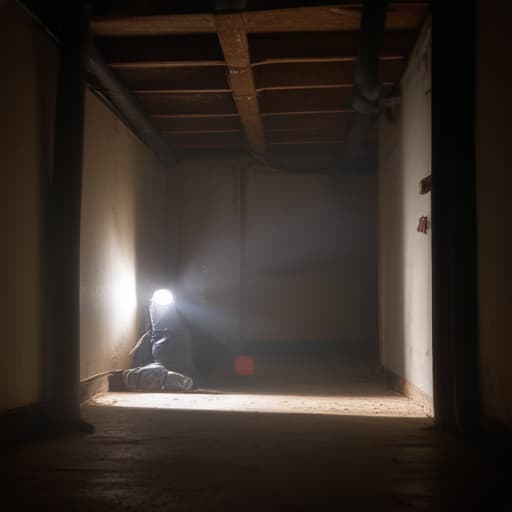 A photo of a professional vent cleaner inspecting a duct with a flashlight in a dimly lit basement during the late afternoon, casting dramatic shadows and highlighting the particles floating in the air.