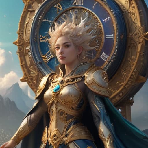 In the digital art style of Akina Fujiwara, create an image of "Chronus - The Time Monarch." This divine being stands tall and regal, adorned in intricate armor with a clock motif. Time wizard lies broken at its feet. Radiant energy surrounds Chronus, symbolizing its immunity to destruction and effects. As the battle phase ends, Chronus radiates healing light, restoring lost health. The background shows a swirling vortex of time, emphasizing its mastery over time itself. fantastical creatures or characters inspired by mythology, folklore, or popular culture. use vibrant colors, sharp lines, intricate details, dynamic poses, dramatic lighting, atmospheric backgrounds, and blend anime, manga, and Western comic influences.