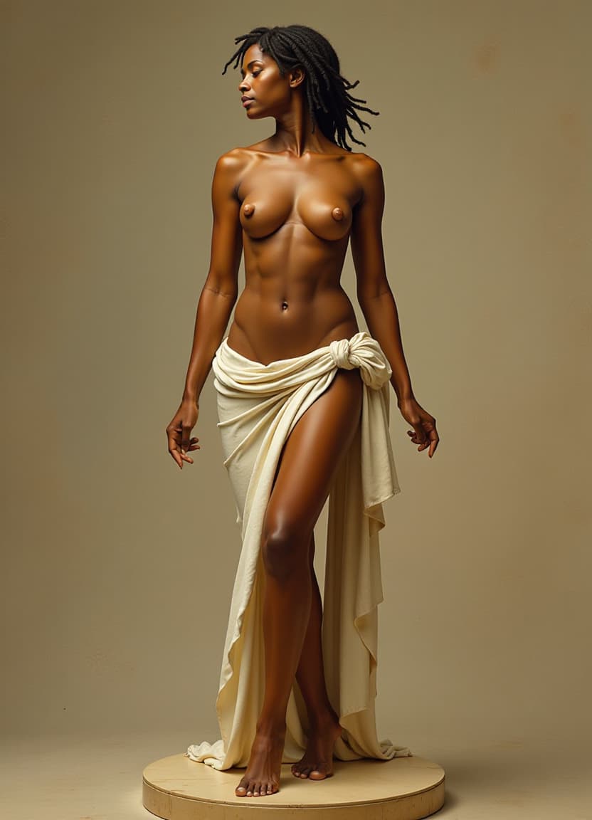  classicism art, a painting of thr goddess venus. she has brown skin and short dreadlocks. her feet and legs are elegant., inspired by roman and greek culture, clarity, harmonious, classicism art