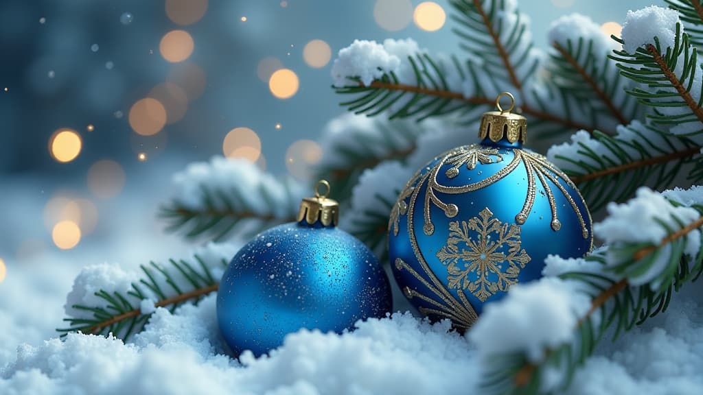  christmas ornaments in blue and gold nestled among snowy branches, capturing the festive holiday spirit., high quality, high details, hd, perfect composition, 4k epic detailed, highly detailed, sharp focus, high resolution