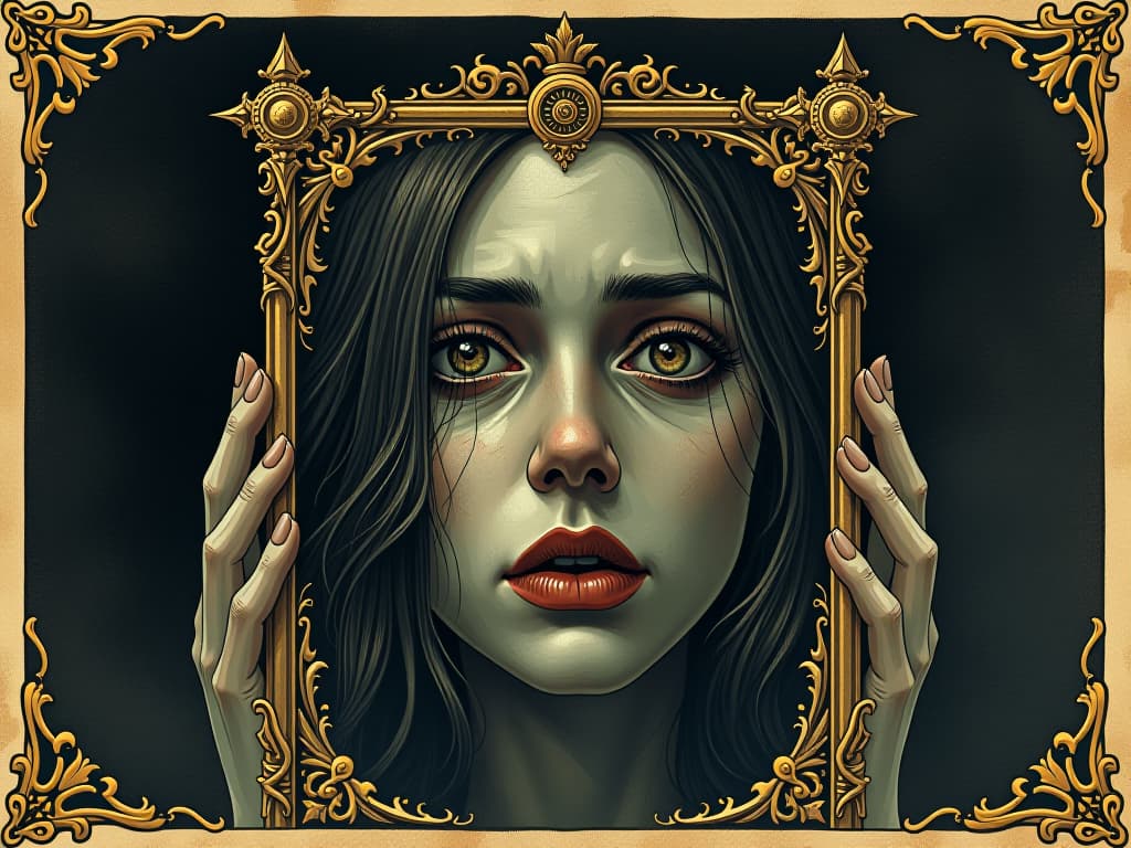  mirror showing a person's face fragmented and distorted, sense of doubt and fear, dark, oppressive. an illustration in the style of a worn, mystical old tarot trump card, mysterious and elements of surrealism. the colors are muted, somber and eerie, but with contrast bring out an occult and esoteric vibe.